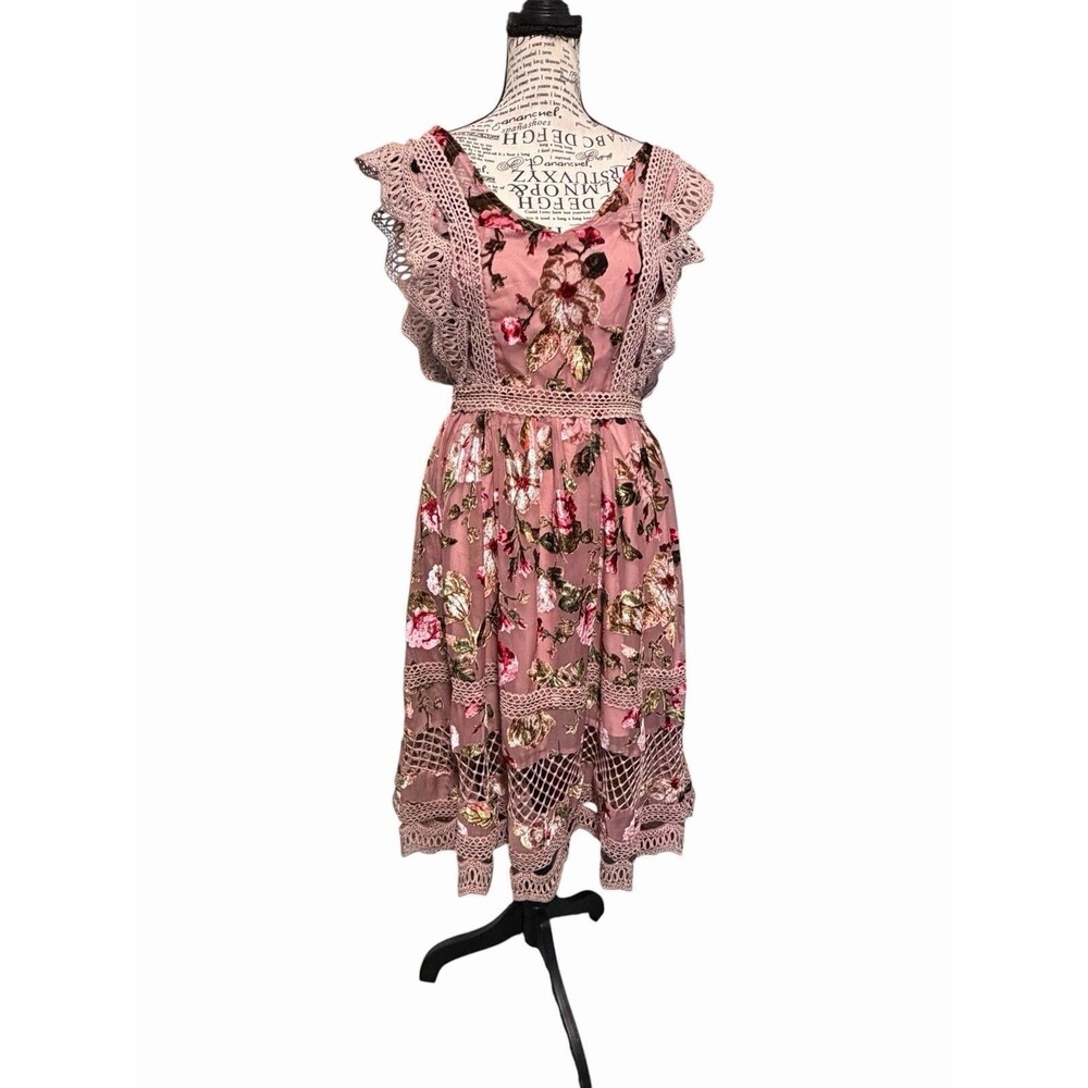Joyfolie Mia Joy Midi Floral Lace & Velvet Dress Back Zipper Lined Ladies Sz Med
